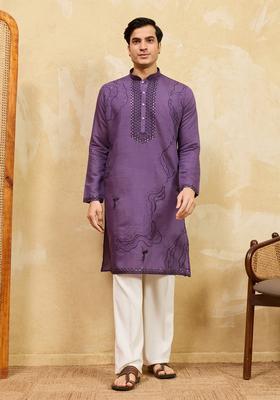 Purple Embroidery Silk Kurta Set For Men