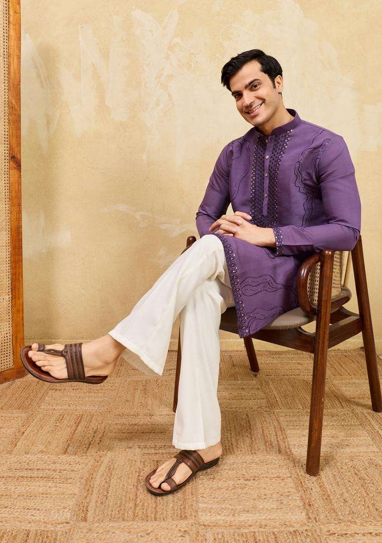 Purple Embroidery Silk Blend Kurta Set For Men - Indya