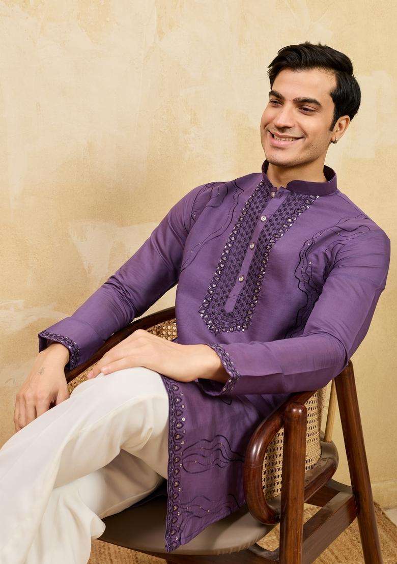 Purple Embroidery Silk Blend Kurta Set For Men - Indya