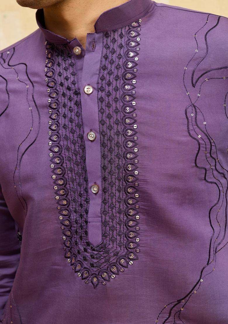 Purple Embroidery Silk Blend Kurta Set For Men - Indya