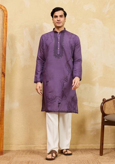 Purple Embroidery Silk Kurta Set For Men