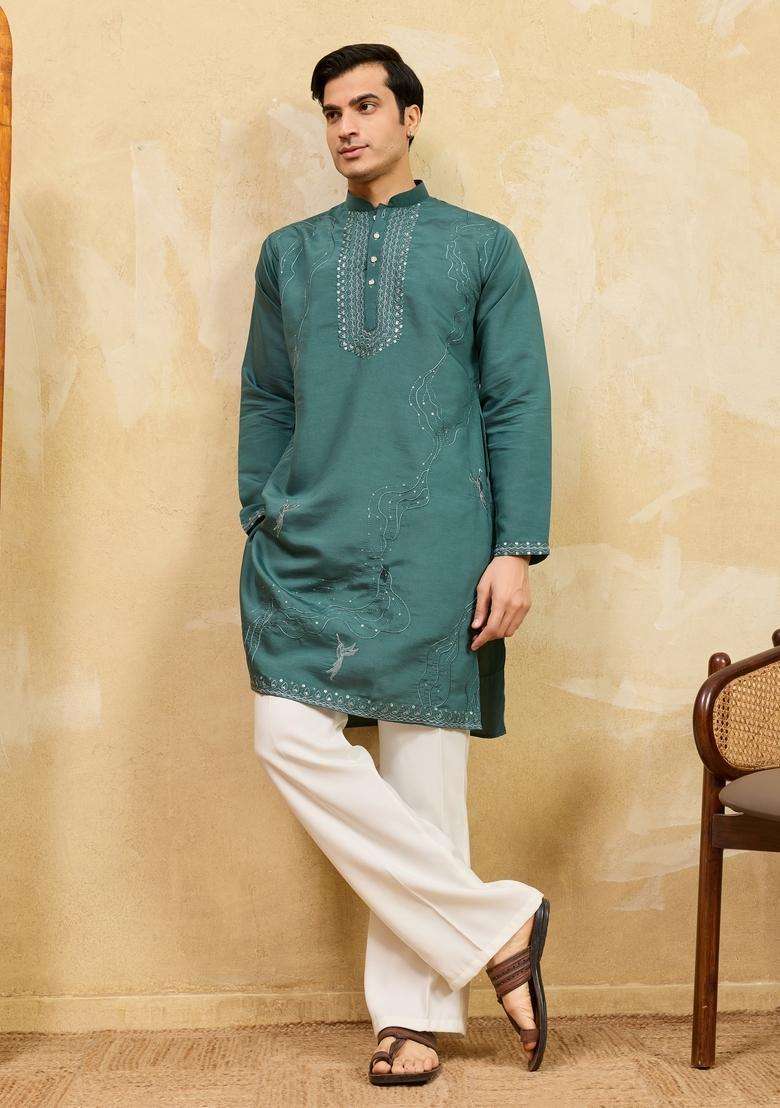 Rama Green Embroidery Silk Blend Kurta Set For Men - Indya