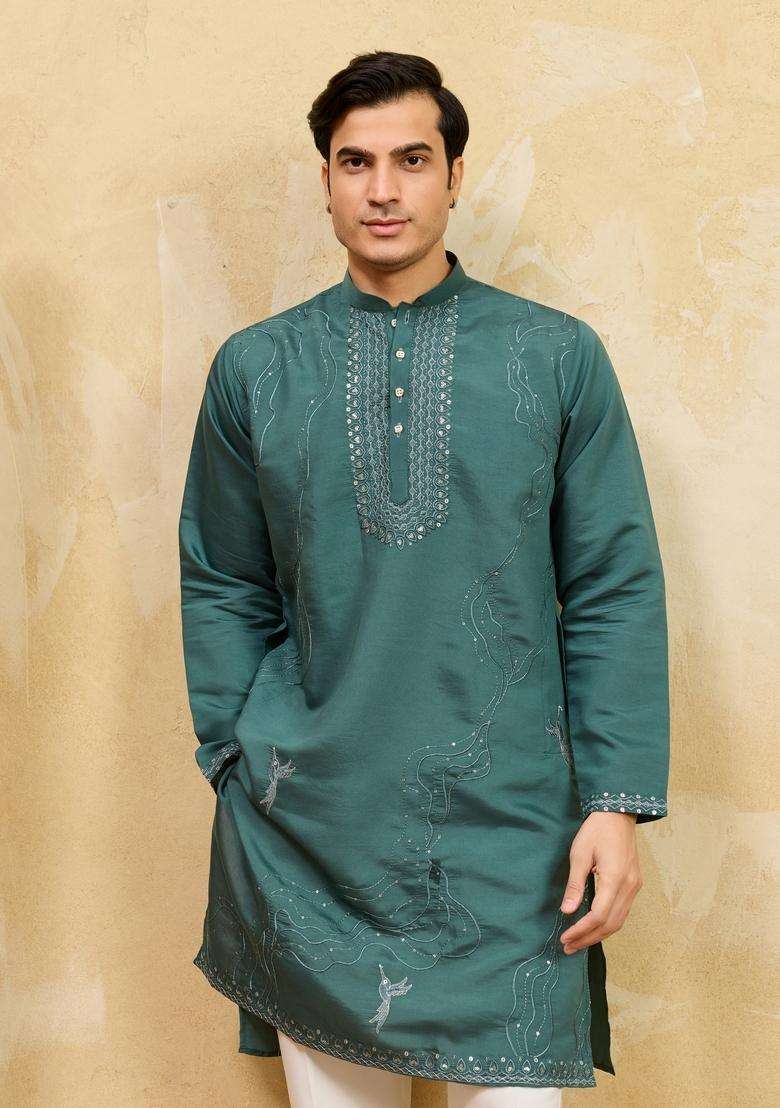 Rama Green Embroidery Silk Blend Kurta Set For Men - Indya