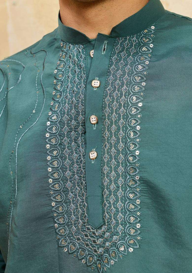 Rama Green Embroidery Silk Blend Kurta Set For Men - Indya