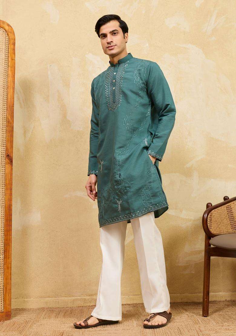 Rama Green Embroidery Silk Blend Kurta Set For Men - Indya