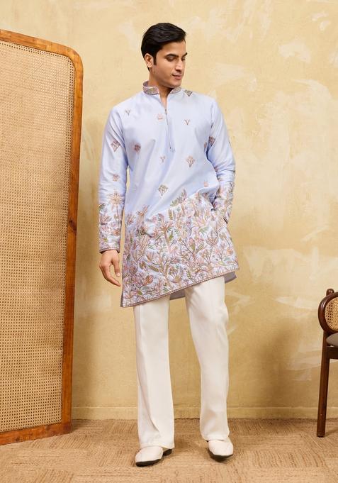 Sky Blue Embroidery Silk Kurta Set For Men