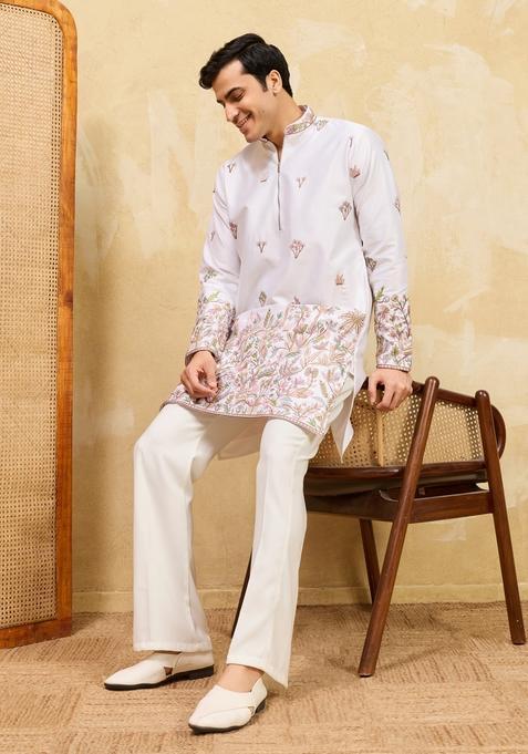 White Embroidery Silk Kurta Set For Men
