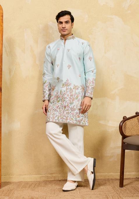 Pista Embroidery Silk Kurta Set For Men