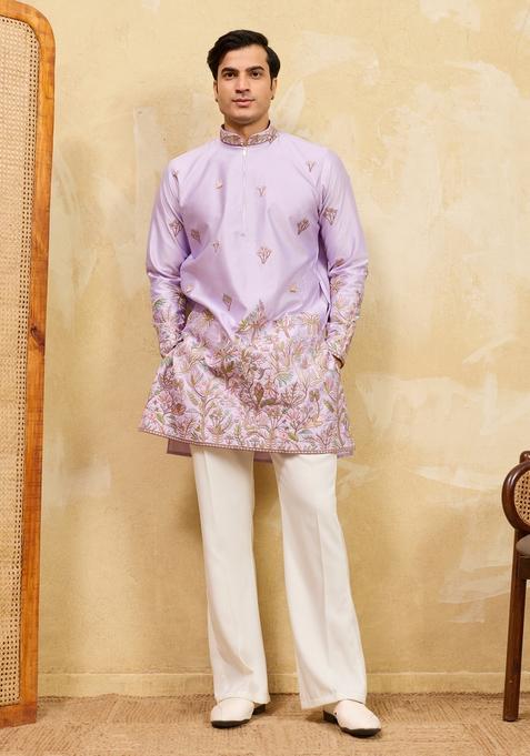 Lavender Embroidery Silk Kurta Set For Men