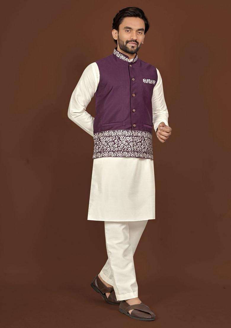 Purple Embroidery Silk Blend Kurta Set For Men - Indya