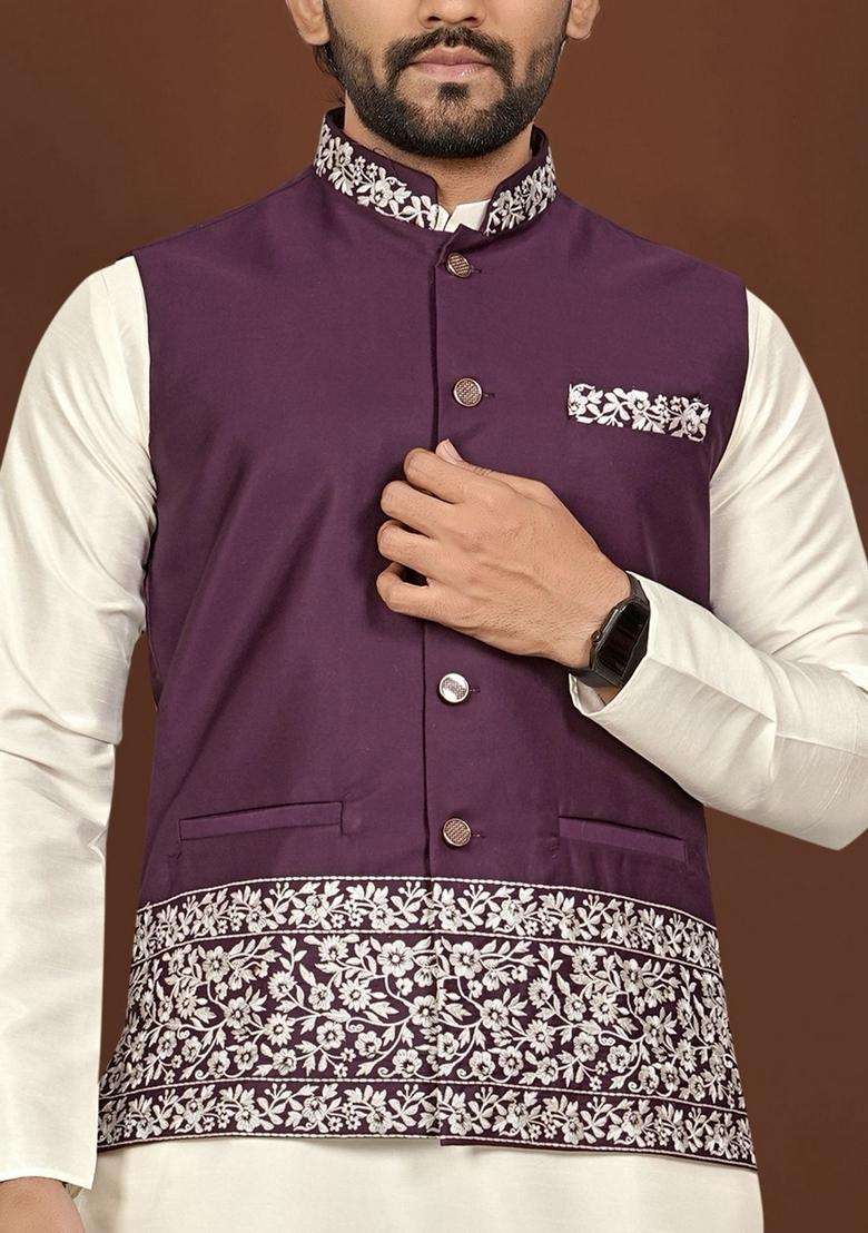 Purple Embroidery Silk Blend Kurta Set For Men - Indya