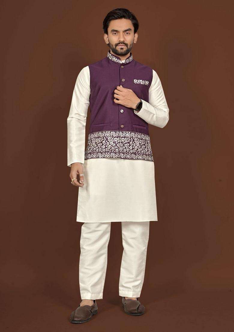 Purple Embroidery Silk Blend Kurta Set For Men - Indya