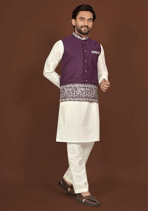 Purple Embroidery Silk Kurta Set For Men