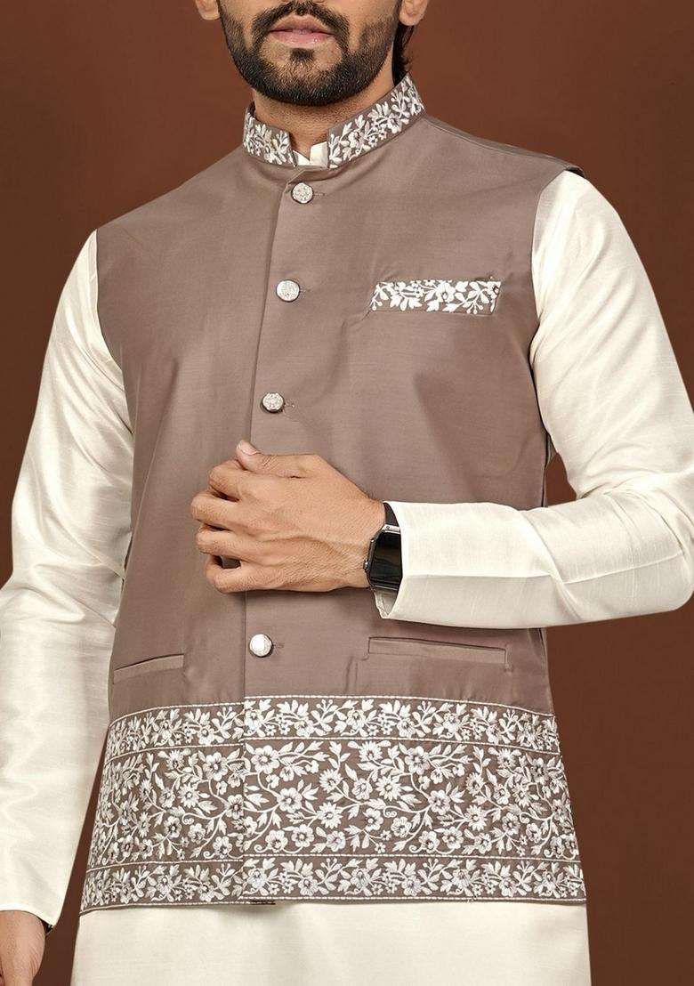 Brown Embroidery Silk Blend Kurta Set For Men - Indya