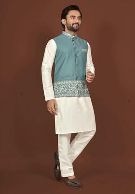 Rama Blue Embroidery Silk Blend Kurta Set For Men
