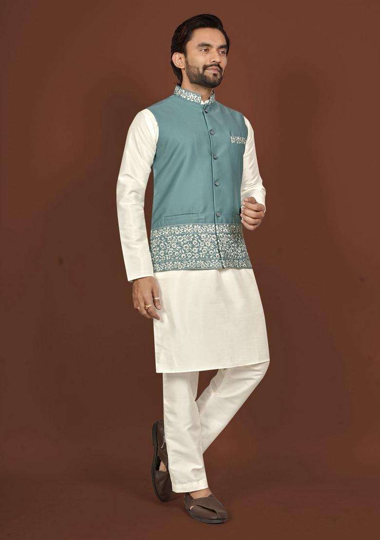 Rama Blue Embroidery Silk Blend Kurta Set For Men - Indya