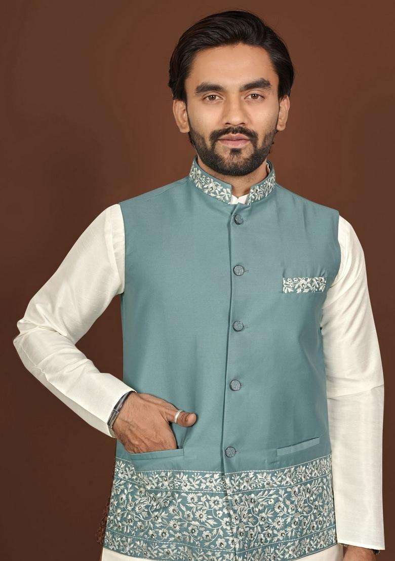 Rama Blue Embroidery Silk Blend Kurta Set For Men - Indya