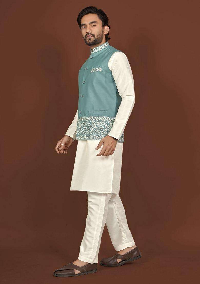 Rama Blue Embroidery Silk Blend Kurta Set For Men - Indya
