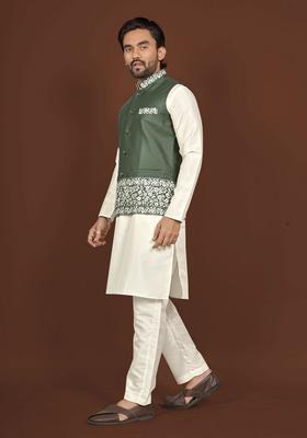 Green Embroidery Silk Kurta Set For Men