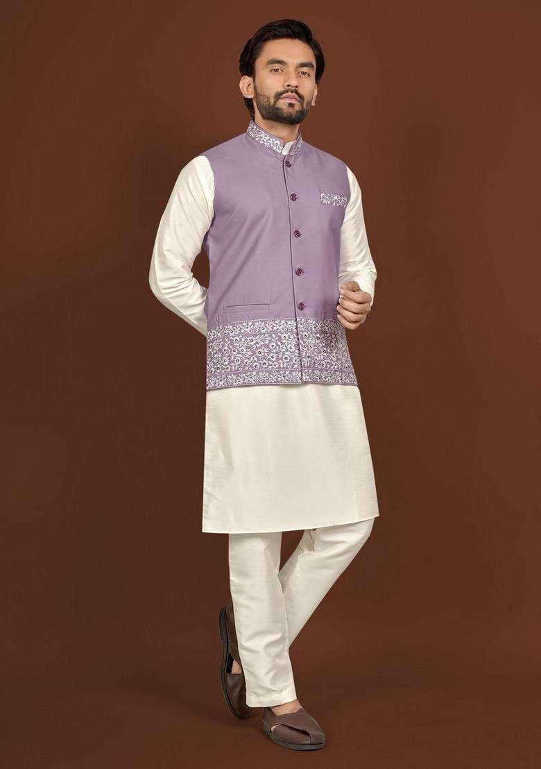 Lavender Embroidery Silk Blend Kurta Set For Men - Indya