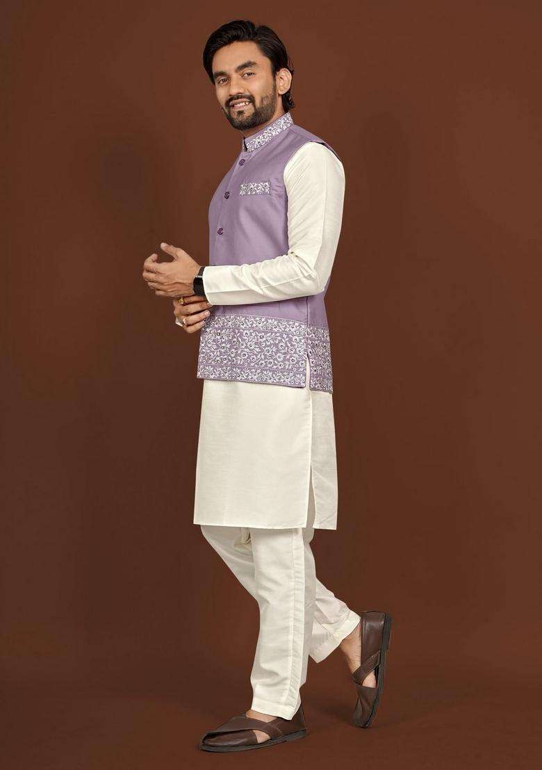 Lavender Embroidery Silk Blend Kurta Set For Men - Indya
