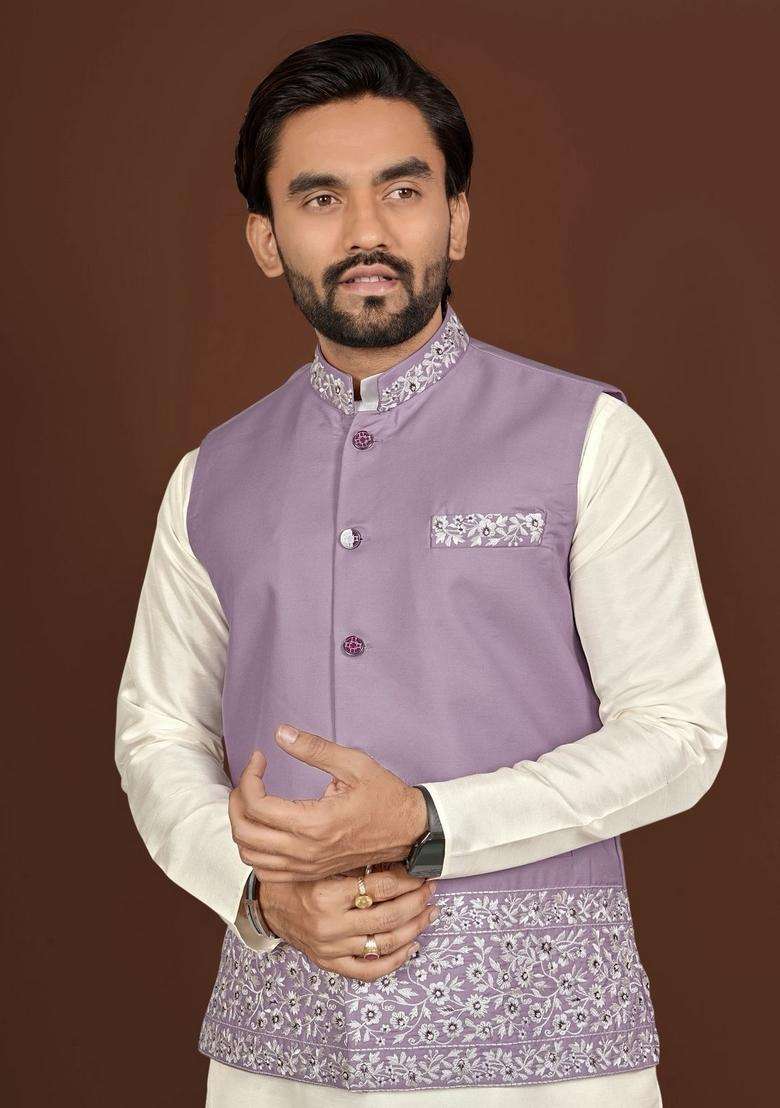 Lavender Embroidery Silk Blend Kurta Set For Men - Indya