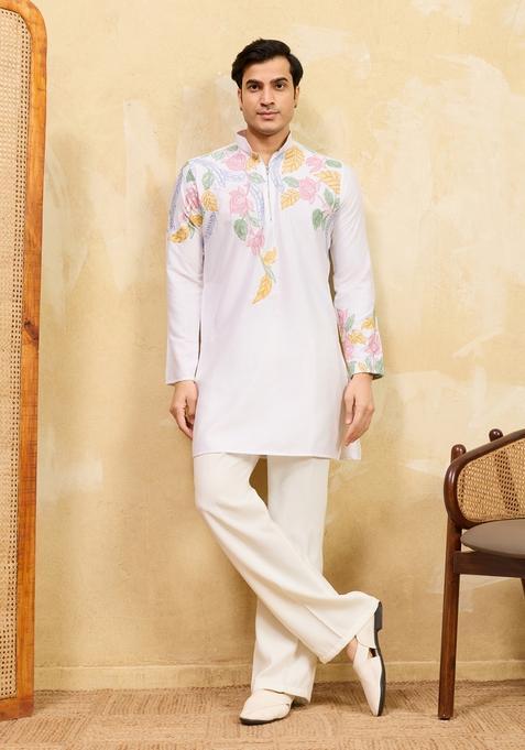 White Embroidery Silk Kurta Set For Men