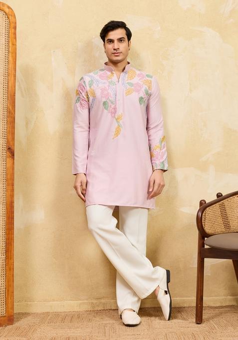 Pink Embroidery Silk Kurta Set For Men