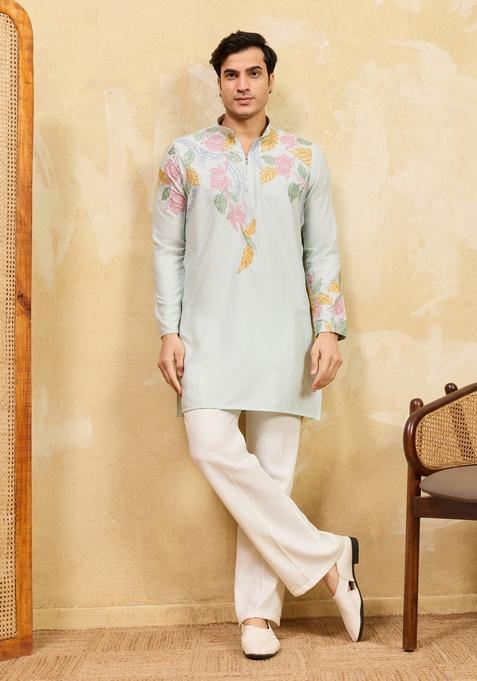 Sky Blue Embroidery Silk Kurta Set For Men