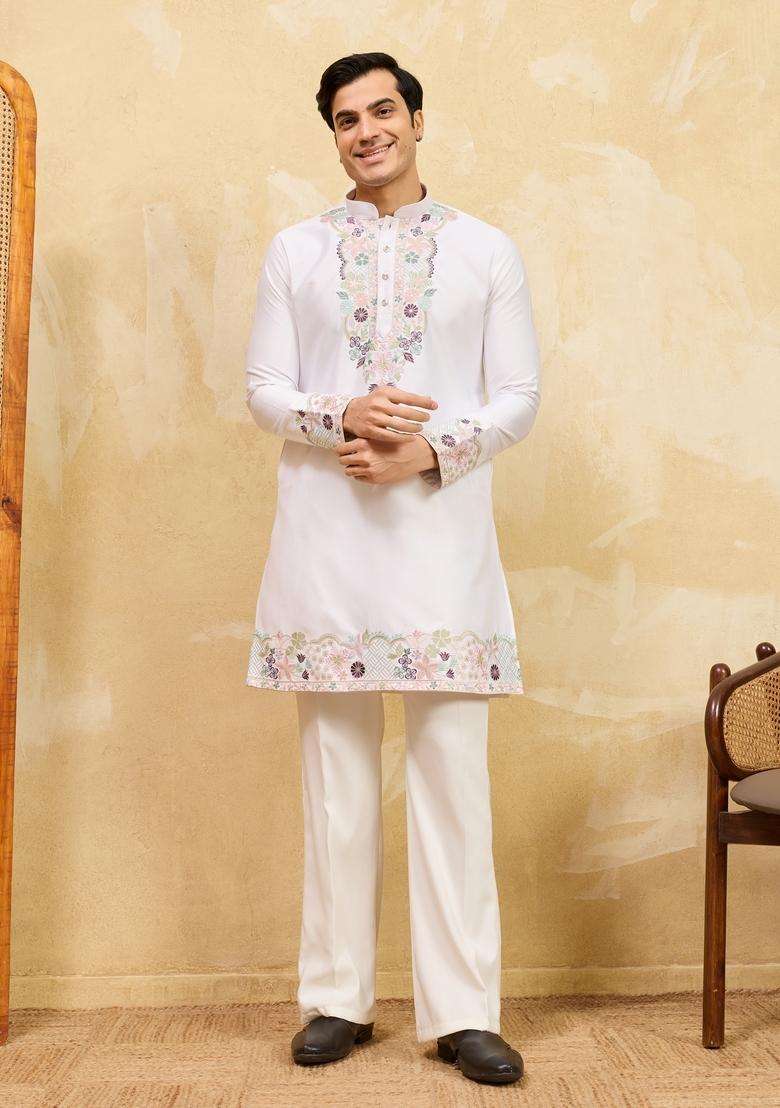 White Embroidery Viscose Kurta Set For Men - Indya