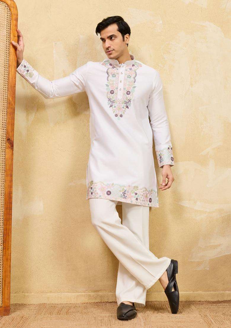 White Embroidery Viscose Kurta Set For Men - Indya