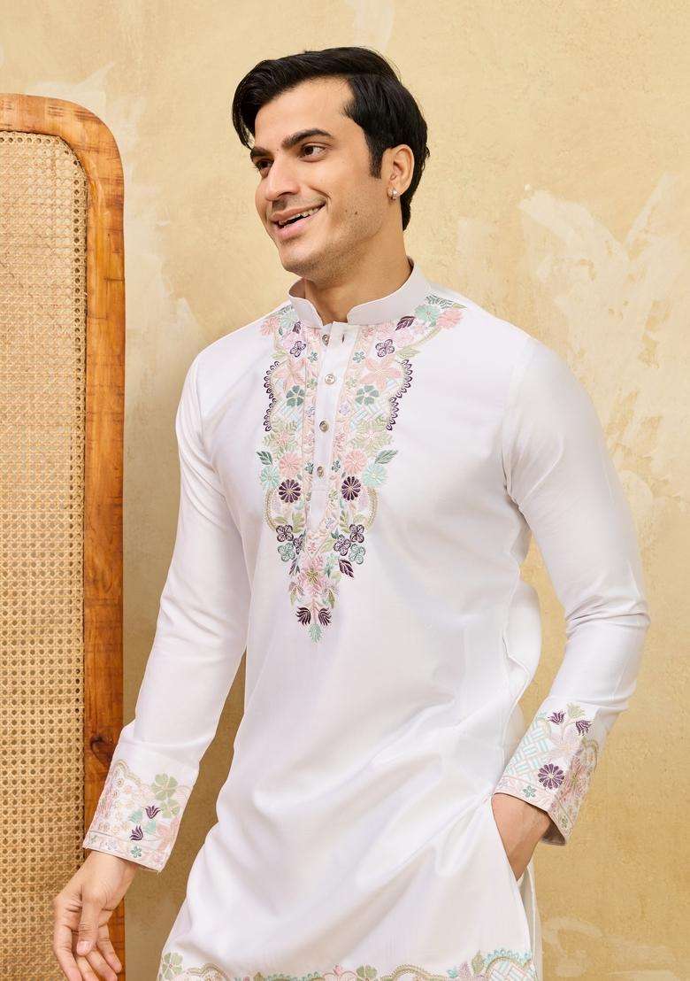 White Embroidery Viscose Kurta Set For Men - Indya