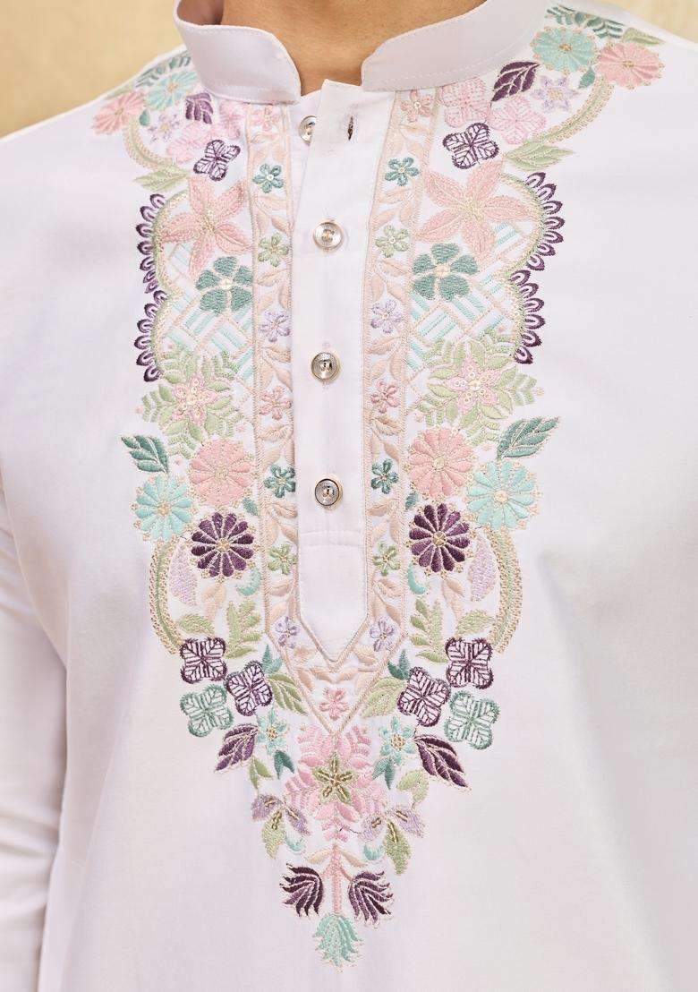 White Embroidery Viscose Kurta Set For Men - Indya