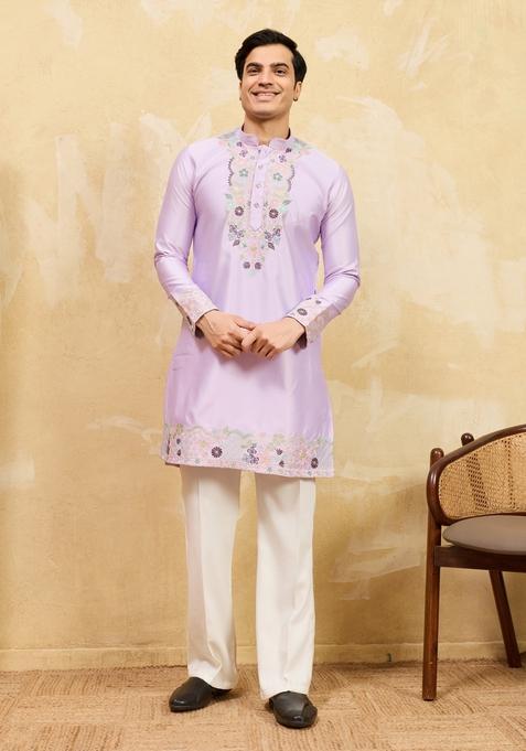 Lavender Embroidery Viscose Kurta Set For Men
