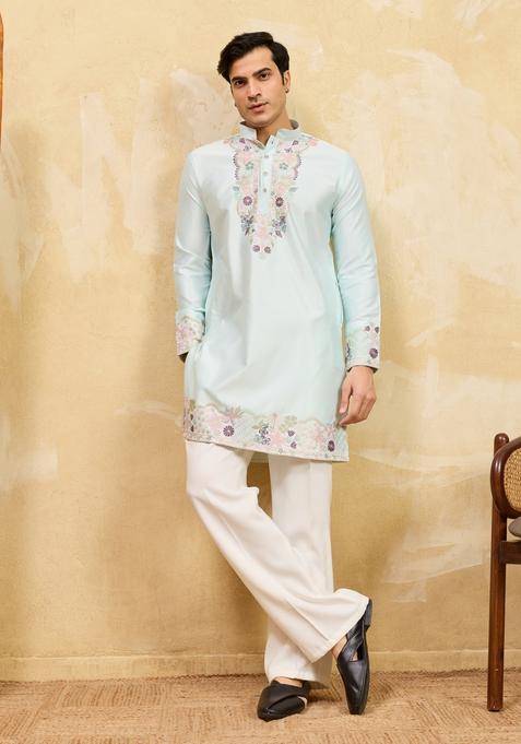 Pista Embroidery Viscose Kurta Set For Men