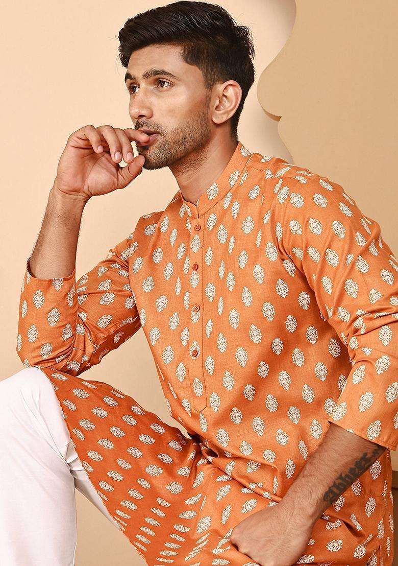 Orange Printed Cotton Kurta Pyjama Set For Men - Indya