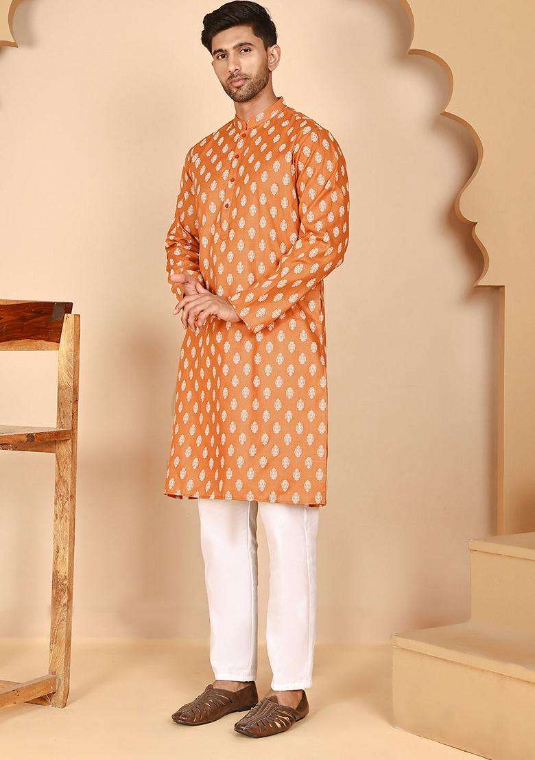 Orange Printed Cotton Kurta Pyjama Set For Men - Indya
