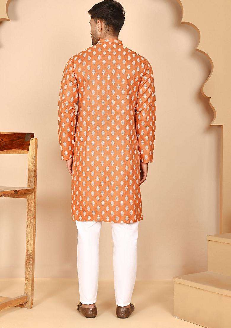 Orange Printed Cotton Kurta Pyjama Set For Men - Indya