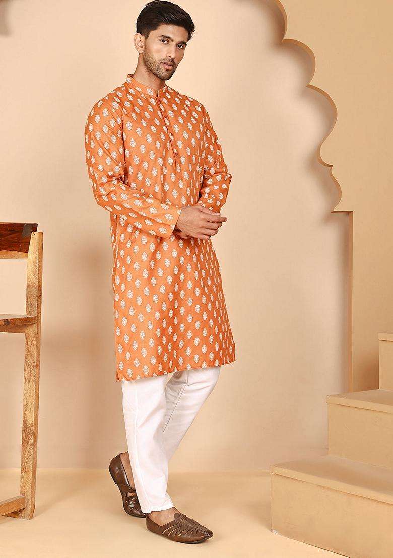 Orange Printed Cotton Kurta Pyjama Set For Men - Indya