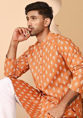 Orange Printed Cotton Kurta For Men