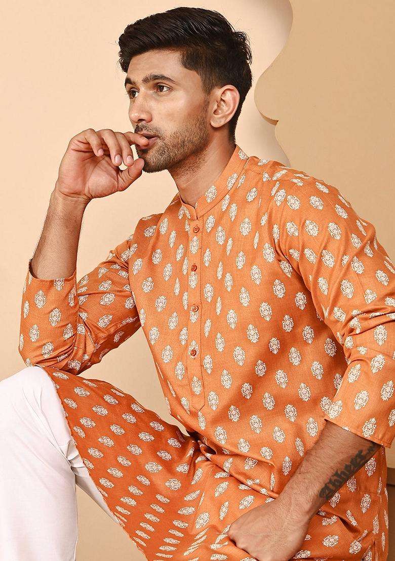 Orange Printed Cotton Kurta For Men - Indya