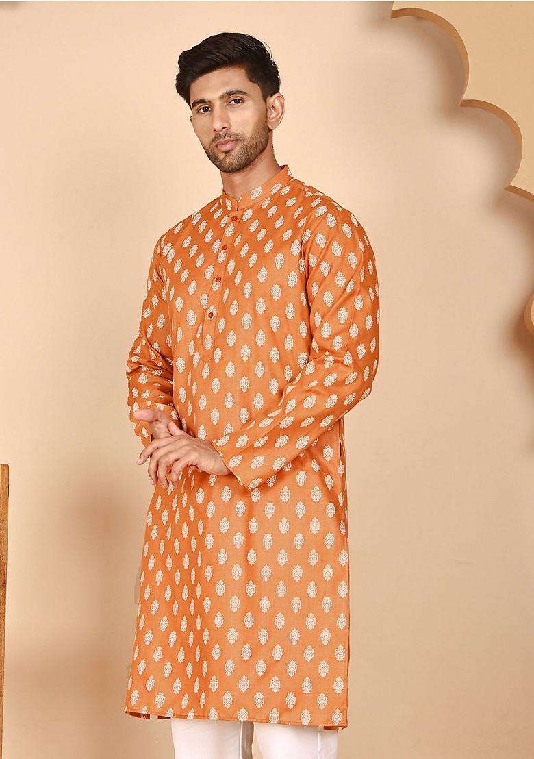 Orange Printed Cotton Kurta For Men - Indya