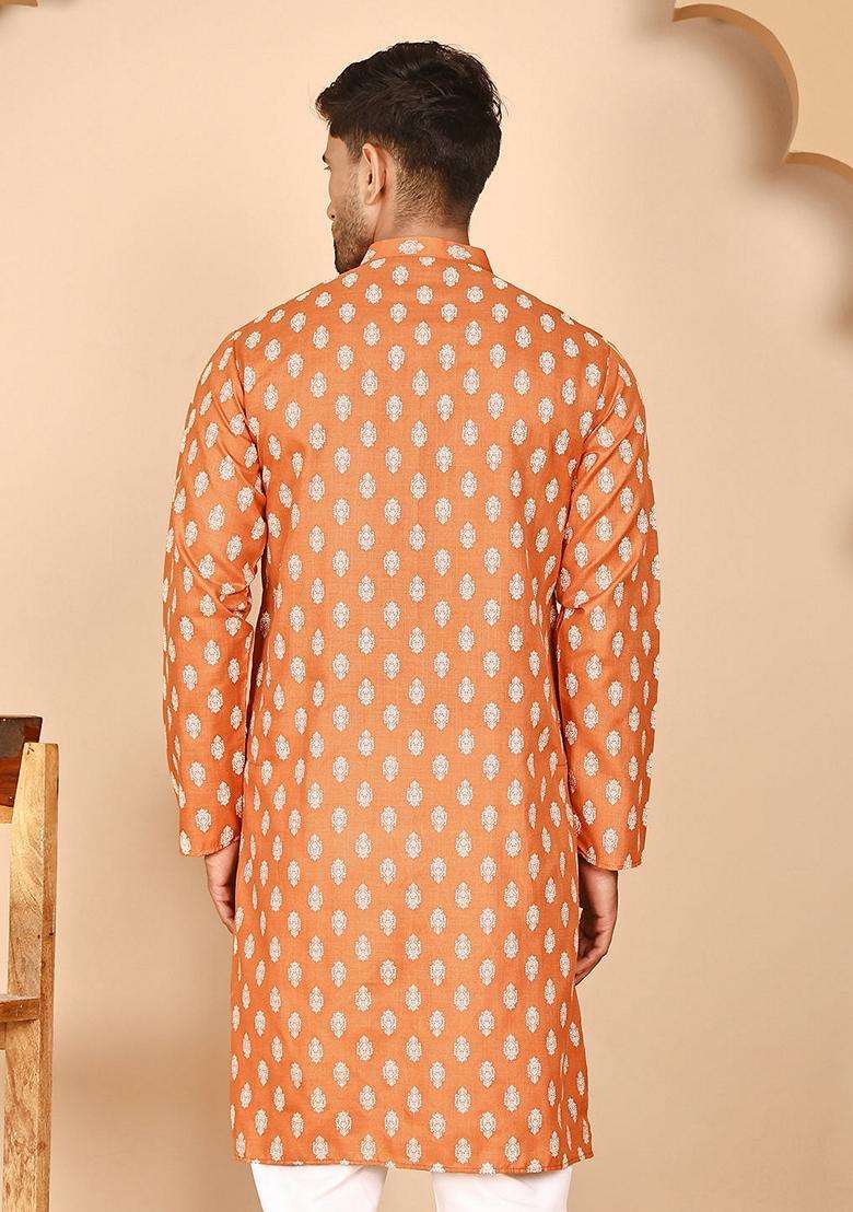 Orange Printed Cotton Kurta For Men - Indya