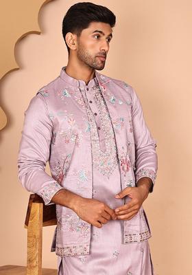 Purple Embroidery Silk Nehru Jacket Kurta Set For Men