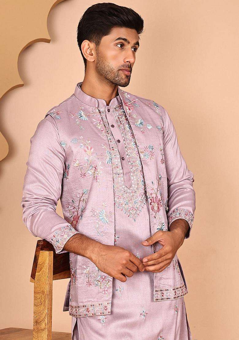 Purple Embroidery Silk Nehru Jacket Kurta Set For Men - Indya