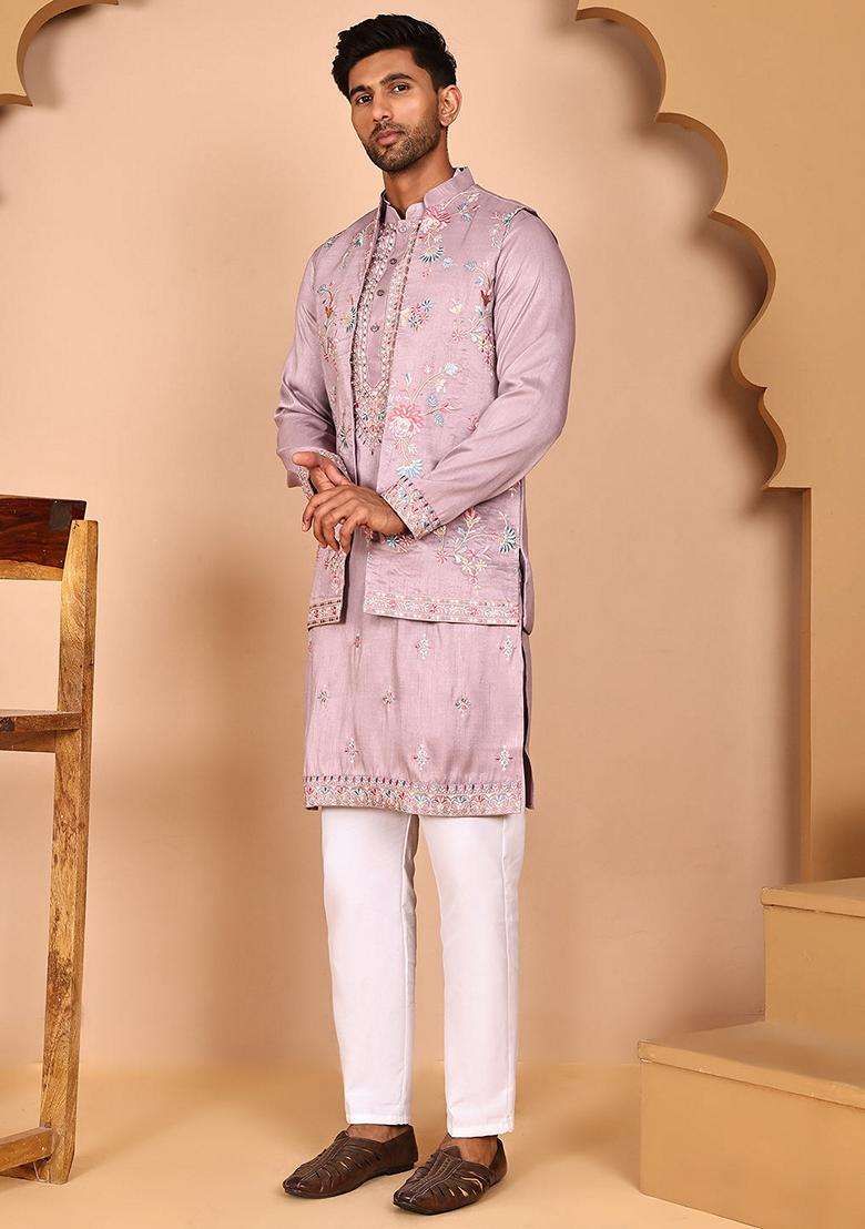 Purple Embroidery Silk Nehru Jacket Kurta Set For Men - Indya