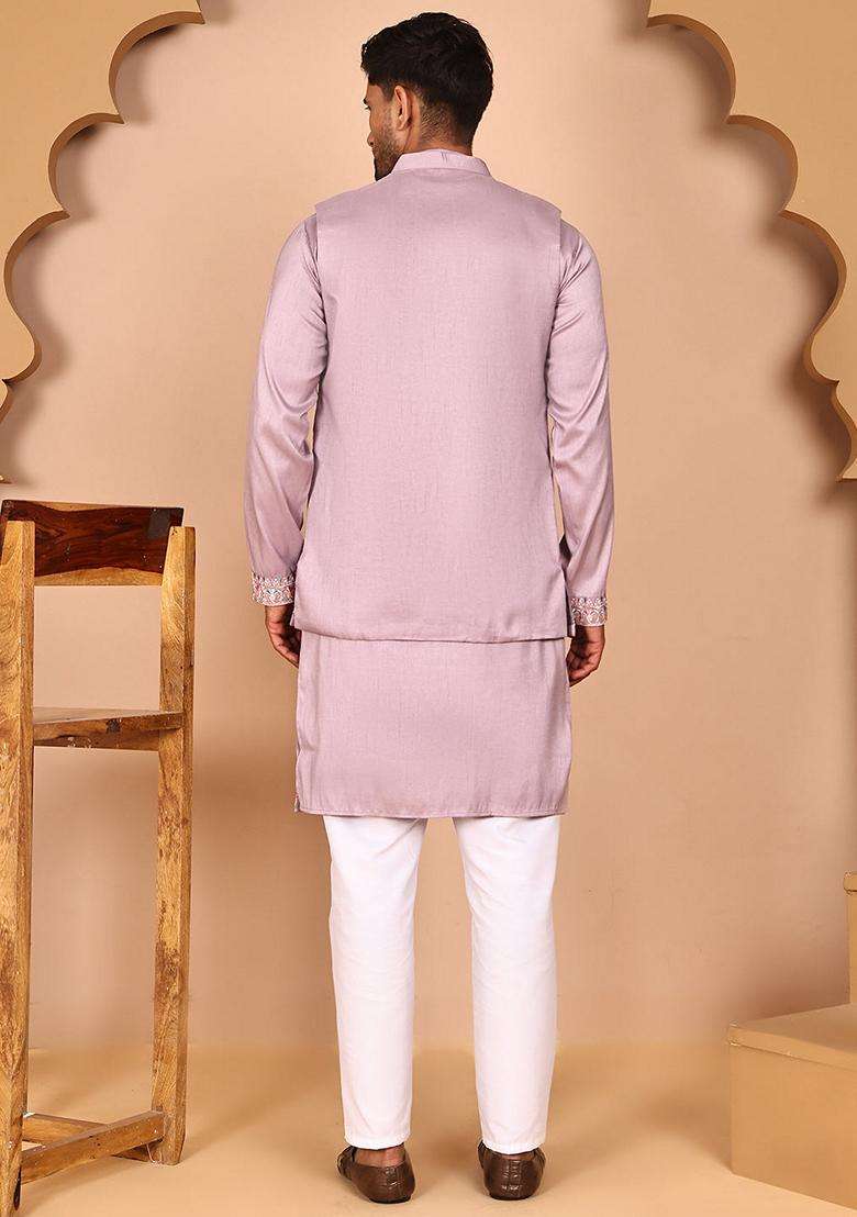 Purple Embroidery Silk Nehru Jacket Kurta Set For Men - Indya