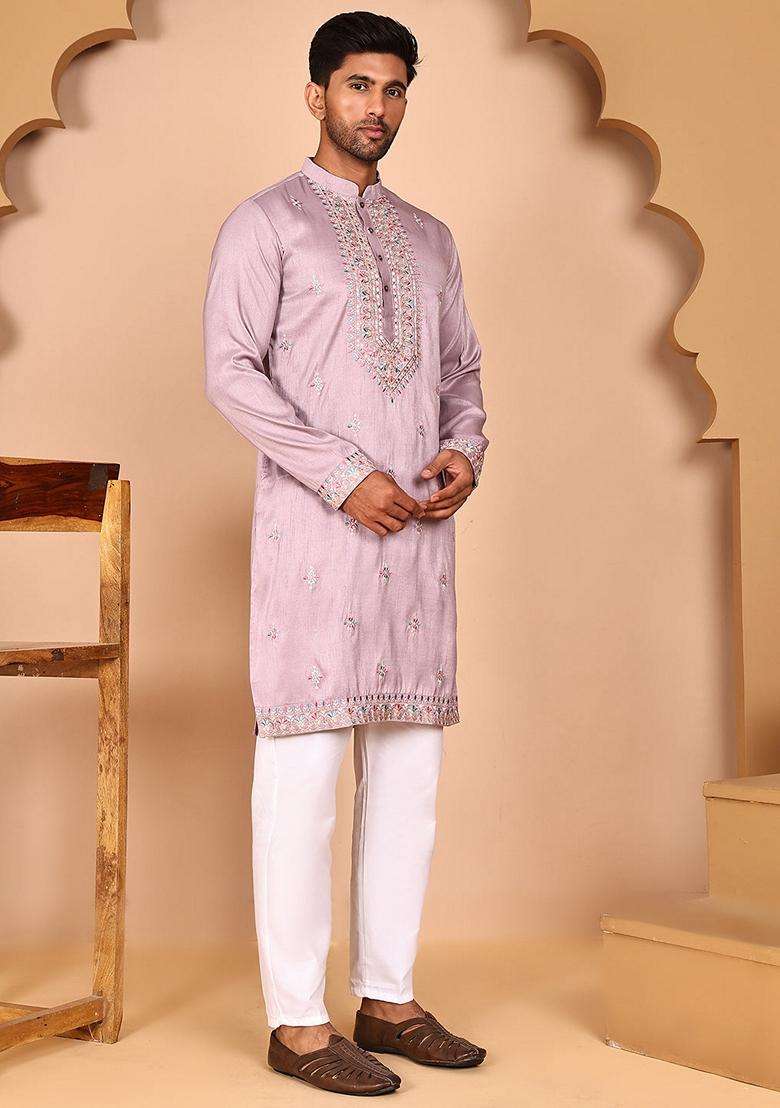 Purple Embroidery Silk Nehru Jacket Kurta Set For Men - Indya