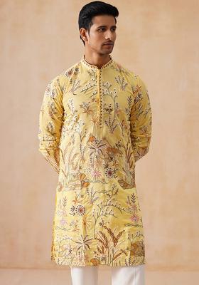Yellow Embroidery Viscose Kurta Pyjama Set For Men