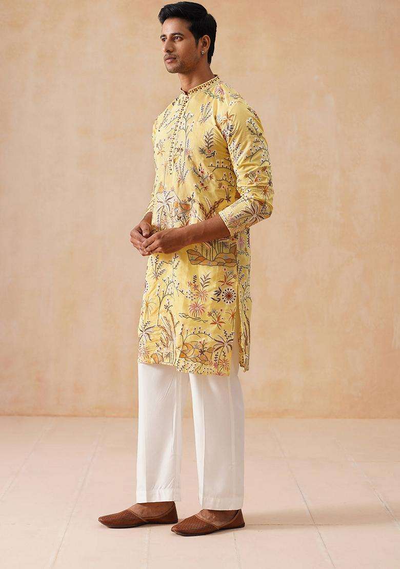 Yellow Embroidery Viscose Kurta Pyjama Set For Men - Indya
